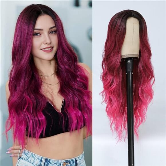 Long Ombre Pink Wavy Middle Part Soft Synthetic Fiber - Picture 1 of 7